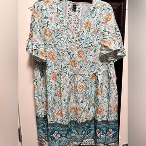 SHEIN Blue and Orange V-Neck Sundress